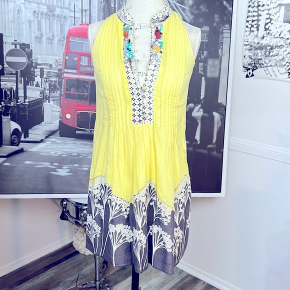 Ryu Boho Yellow Shift Above Knee Sleeveless Cotton Mini Dress hand-Embroidered - Picture 1 of 15